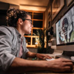 Young graphic designer working late night in his studio office. Sketching on paper and using computer for work.